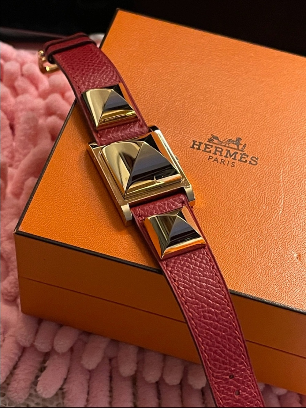Hermès Mèdor  Watch Red Grained Leather Bracelet with Gold Pyramid Studs